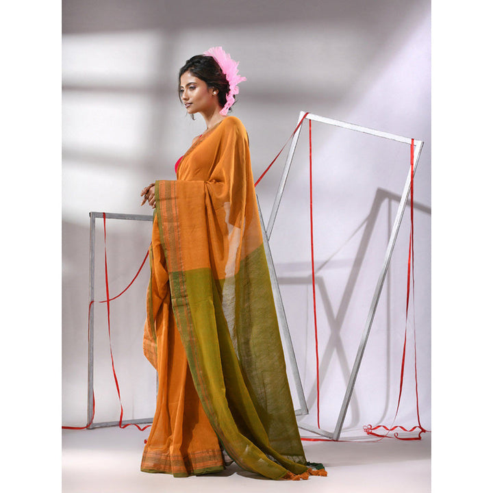 CHARUKRITI Orange Cotton Zari Border Saree with Unstitched Blouse