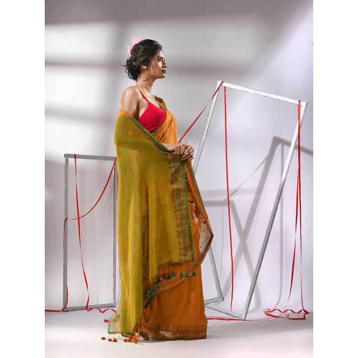 CHARUKRITI Orange Cotton Zari Border Saree with Unstitched Blouse