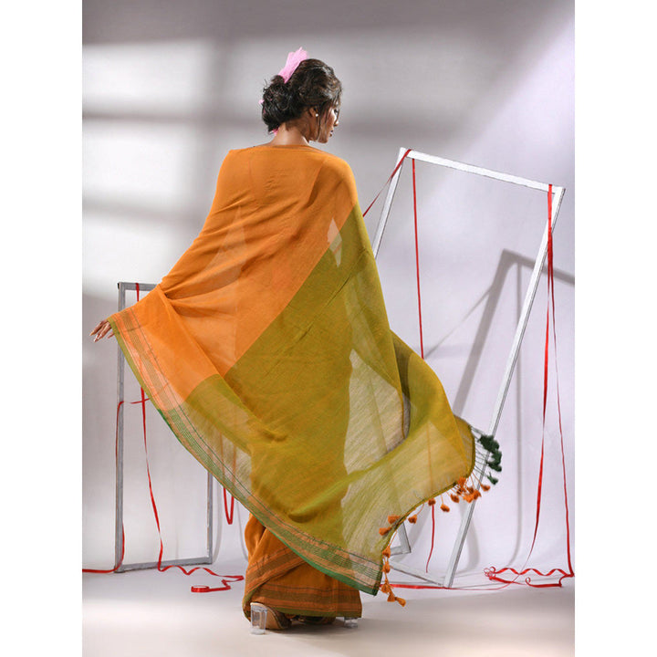 CHARUKRITI Orange Cotton Zari Border Saree with Unstitched Blouse