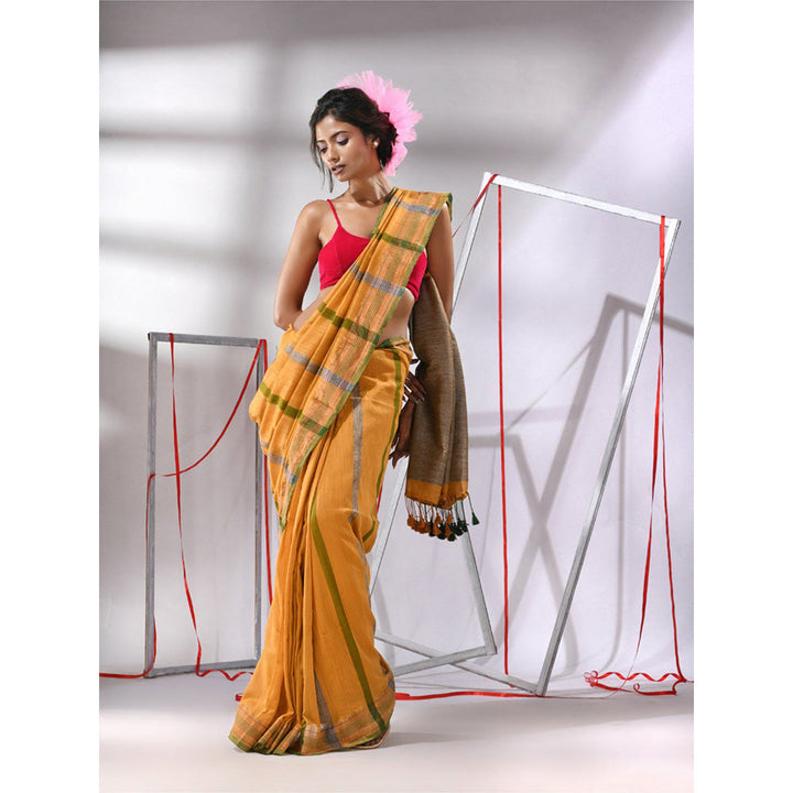 CHARUKRITI Yellow Cotton Stripe Designs Saree with Unstitched Blouse