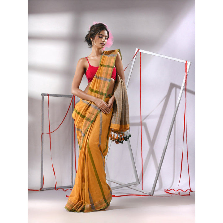 CHARUKRITI Yellow Cotton Stripe Designs Saree with Unstitched Blouse