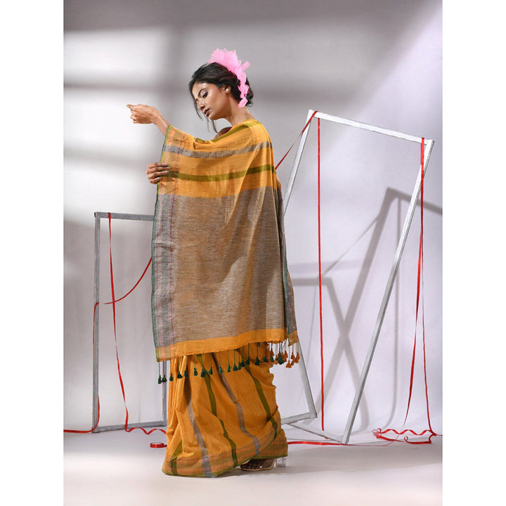 CHARUKRITI Yellow Cotton Stripe Designs Saree with Unstitched Blouse