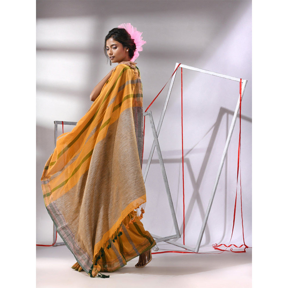 CHARUKRITI Yellow Cotton Stripe Designs Saree with Unstitched Blouse