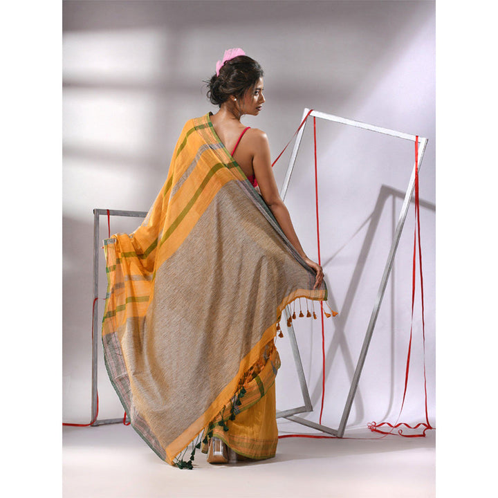 CHARUKRITI Yellow Cotton Stripe Designs Saree with Unstitched Blouse