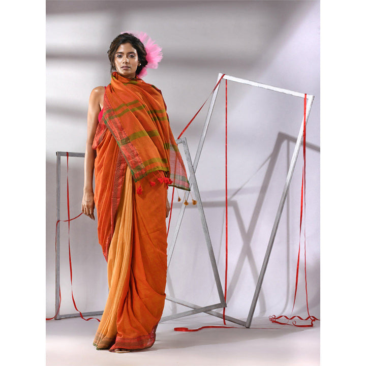 CHARUKRITI Orange Cotton Zari Border Saree with Unstitched Blouse