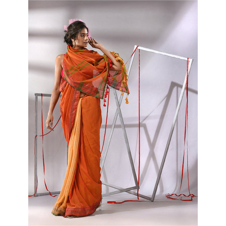 CHARUKRITI Orange Cotton Zari Border Saree with Unstitched Blouse