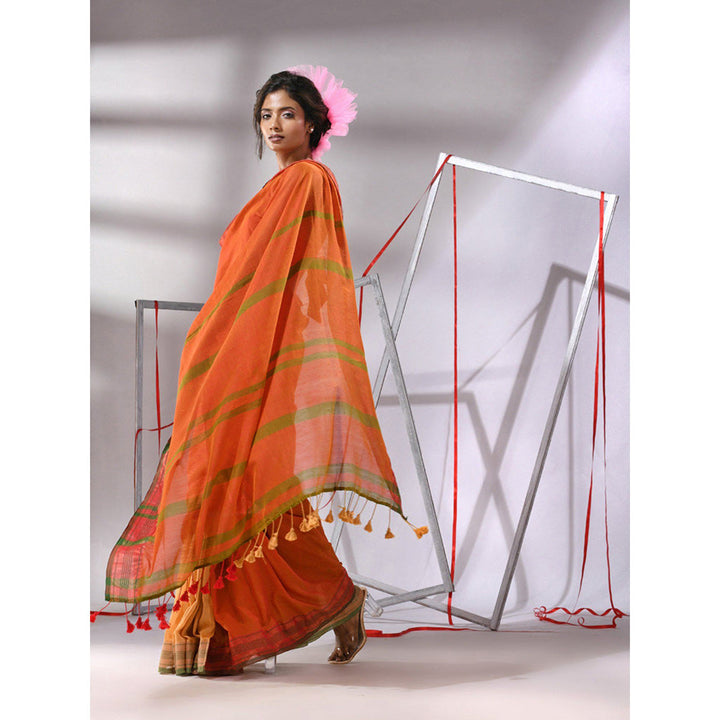 CHARUKRITI Orange Cotton Zari Border Saree with Unstitched Blouse