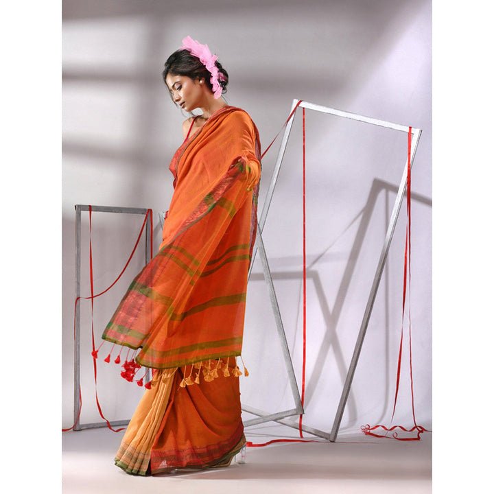 CHARUKRITI Orange Cotton Zari Border Saree with Unstitched Blouse