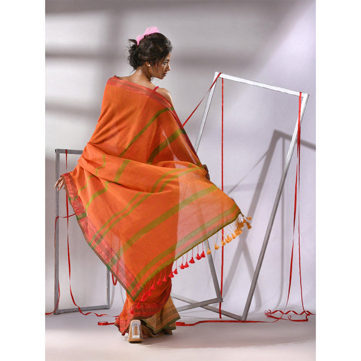 CHARUKRITI Orange Cotton Zari Border Saree with Unstitched Blouse