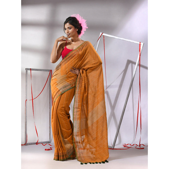 CHARUKRITI Mustard Cotton Gheecha Stripe Saree with Unstitched Blouse