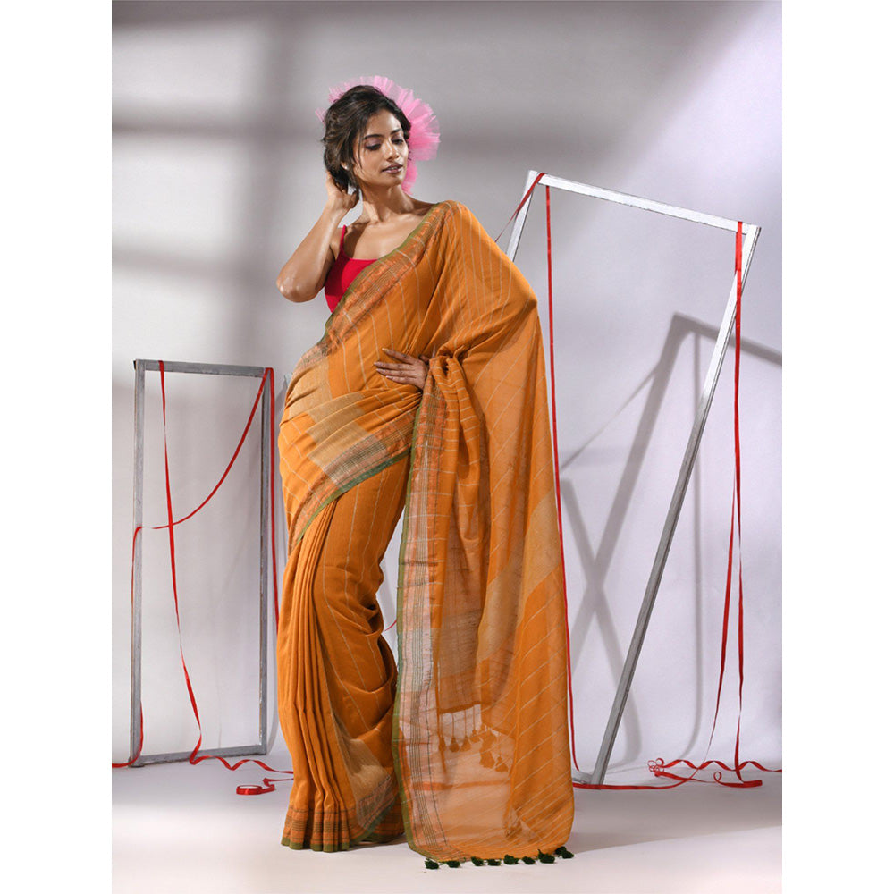 CHARUKRITI Mustard Cotton Gheecha Stripe Saree with Unstitched Blouse