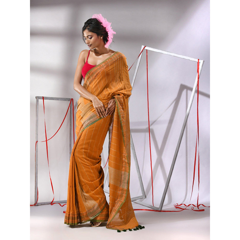 CHARUKRITI Mustard Cotton Gheecha Stripe Saree with Unstitched Blouse