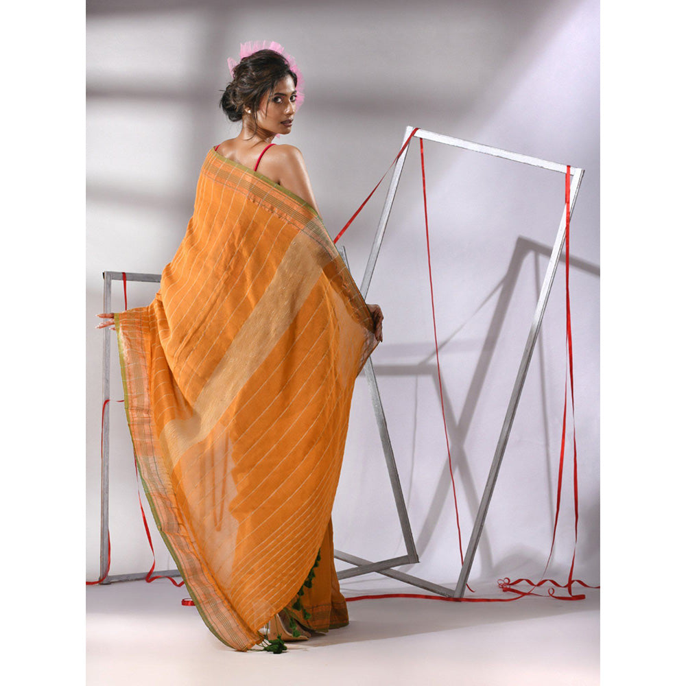 CHARUKRITI Mustard Cotton Gheecha Stripe Saree with Unstitched Blouse