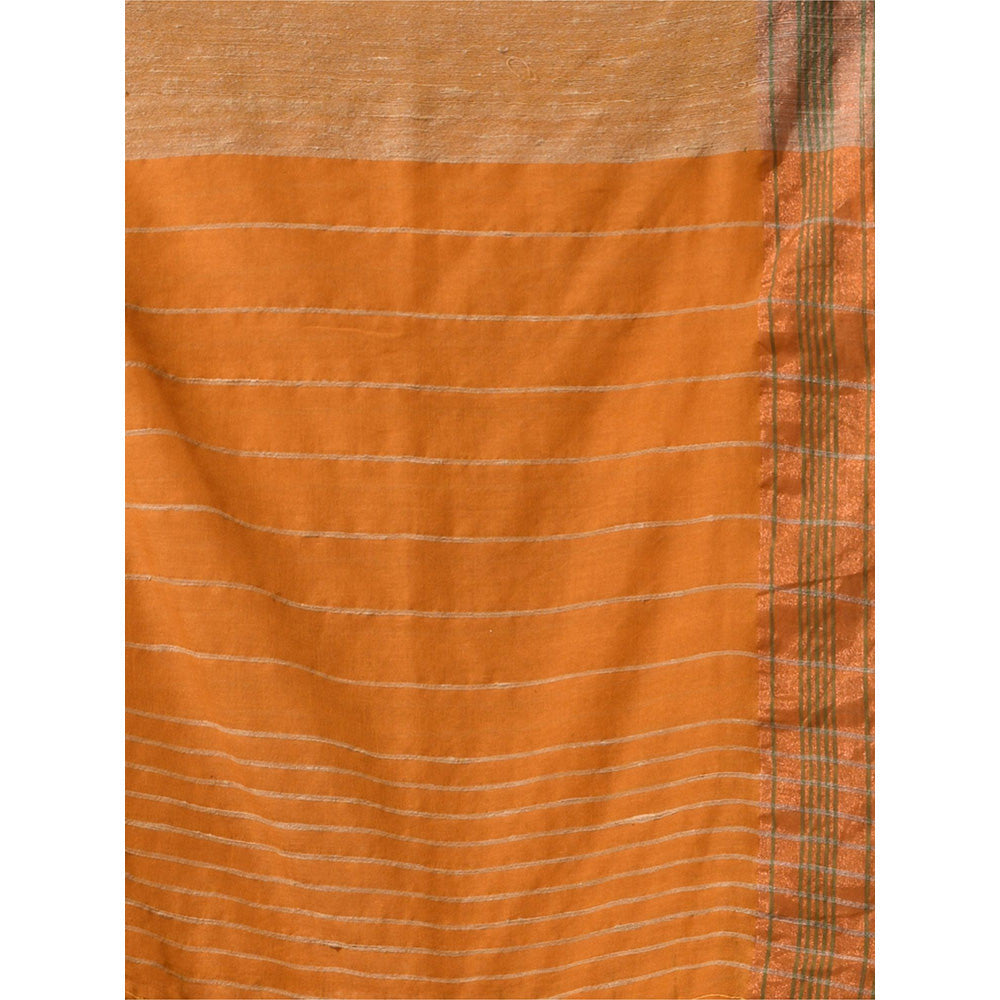 CHARUKRITI Mustard Cotton Gheecha Stripe Saree with Unstitched Blouse