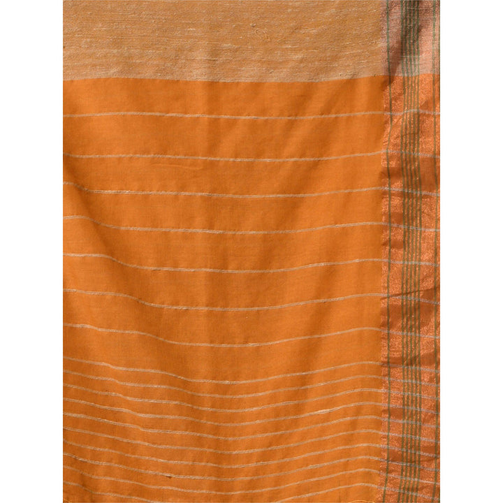 CHARUKRITI Mustard Cotton Gheecha Stripe Saree with Unstitched Blouse