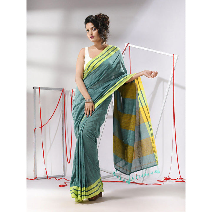 CHARUKRITI Teal Cotton Stripe Border Saree with Unstitched Blouse