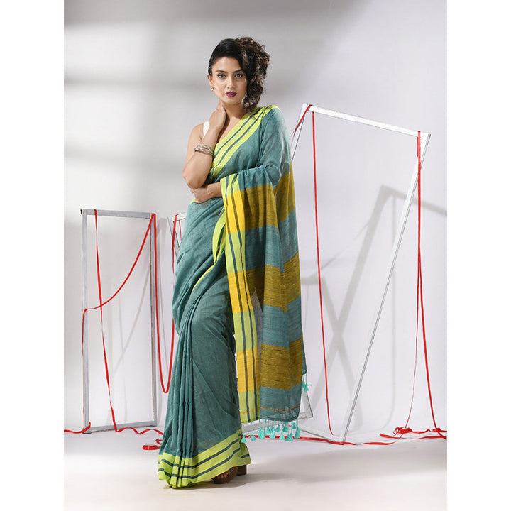 CHARUKRITI Teal Cotton Stripe Border Saree with Unstitched Blouse