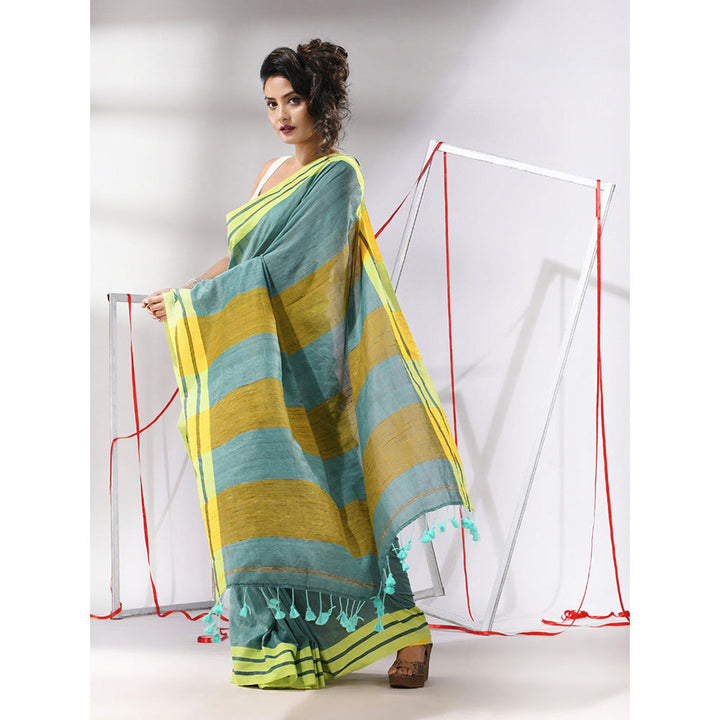 CHARUKRITI Teal Cotton Stripe Border Saree with Unstitched Blouse