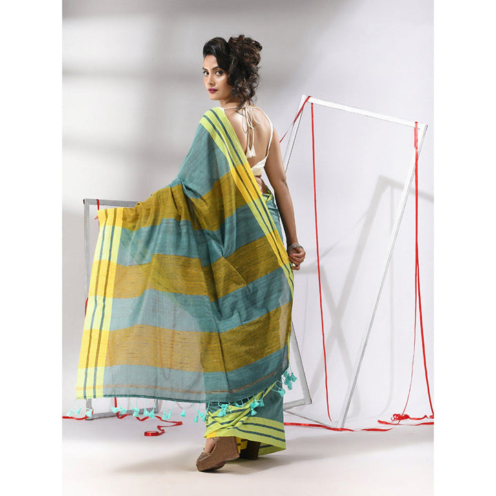 CHARUKRITI Teal Cotton Stripe Border Saree with Unstitched Blouse