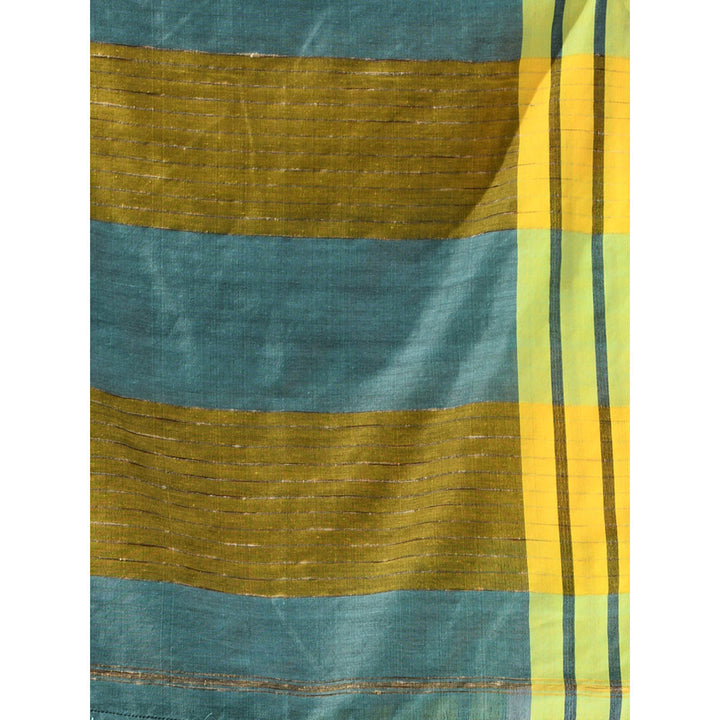 CHARUKRITI Teal Cotton Stripe Border Saree with Unstitched Blouse