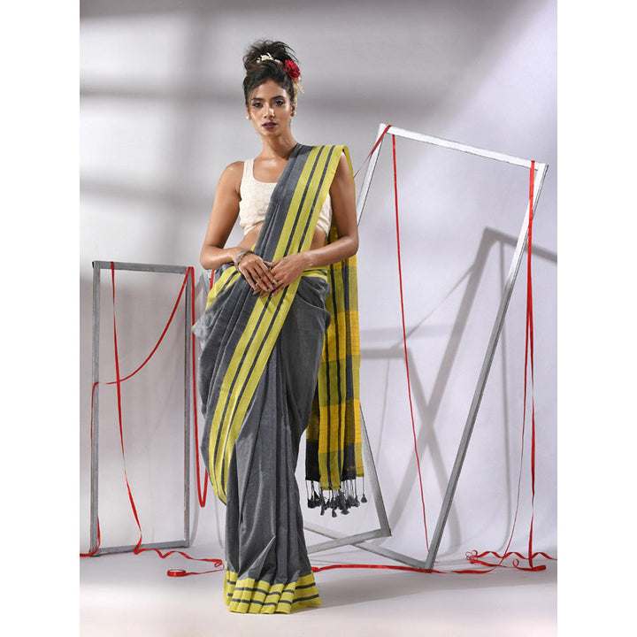 CHARUKRITI Grey Cotton Stripe Border Saree with Unstitched Blouse