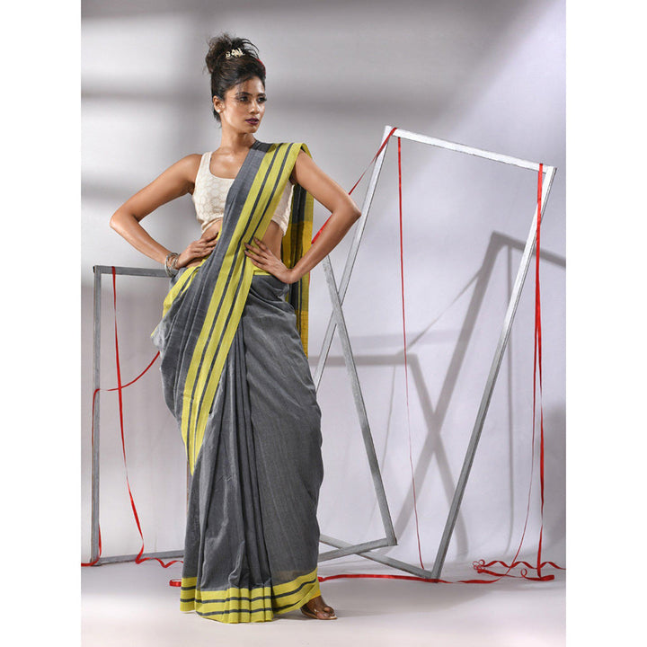 CHARUKRITI Grey Cotton Stripe Border Saree with Unstitched Blouse