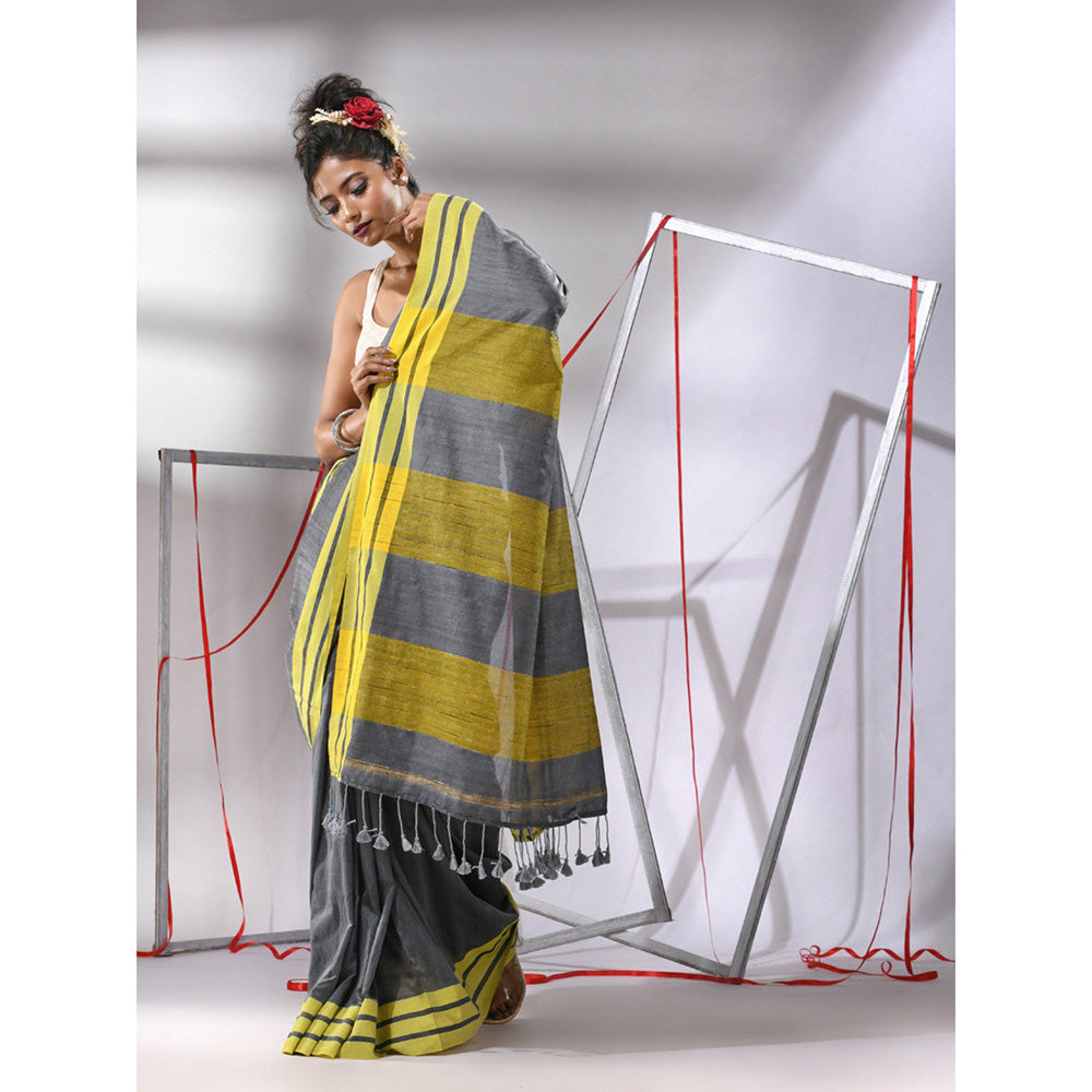 CHARUKRITI Grey Cotton Stripe Border Saree with Unstitched Blouse