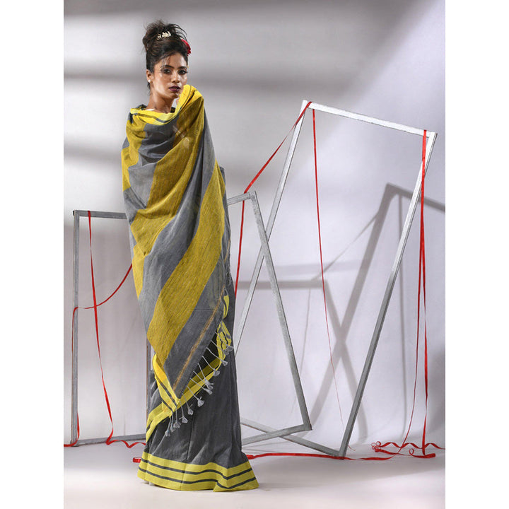 CHARUKRITI Grey Cotton Stripe Border Saree with Unstitched Blouse