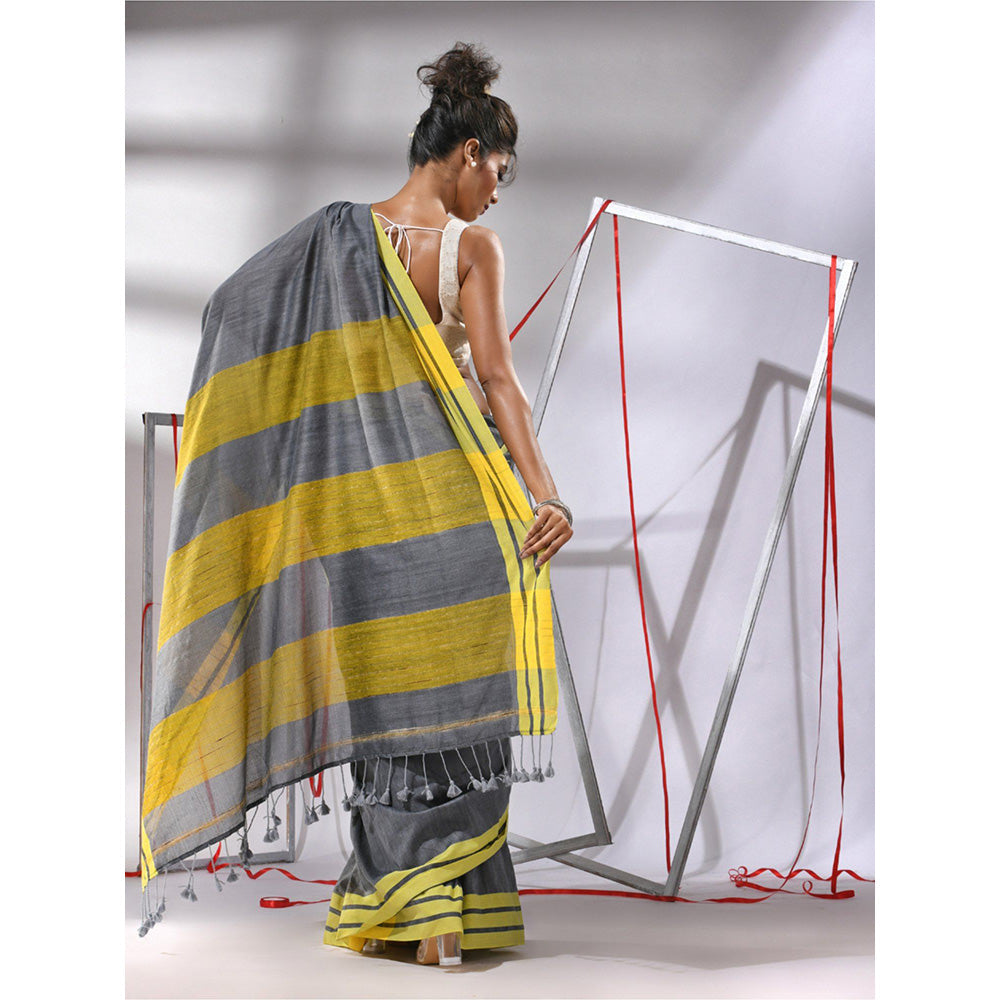 CHARUKRITI Grey Cotton Stripe Border Saree with Unstitched Blouse