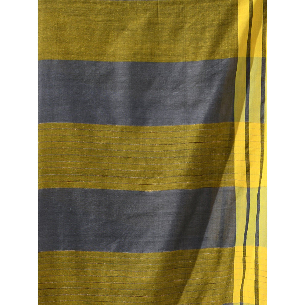 CHARUKRITI Grey Cotton Stripe Border Saree with Unstitched Blouse