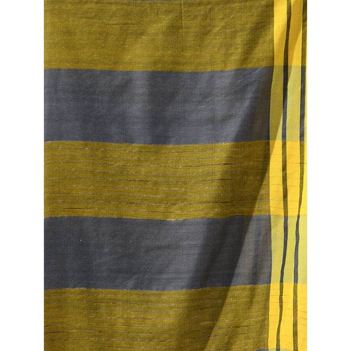 CHARUKRITI Grey Cotton Stripe Border Saree with Unstitched Blouse