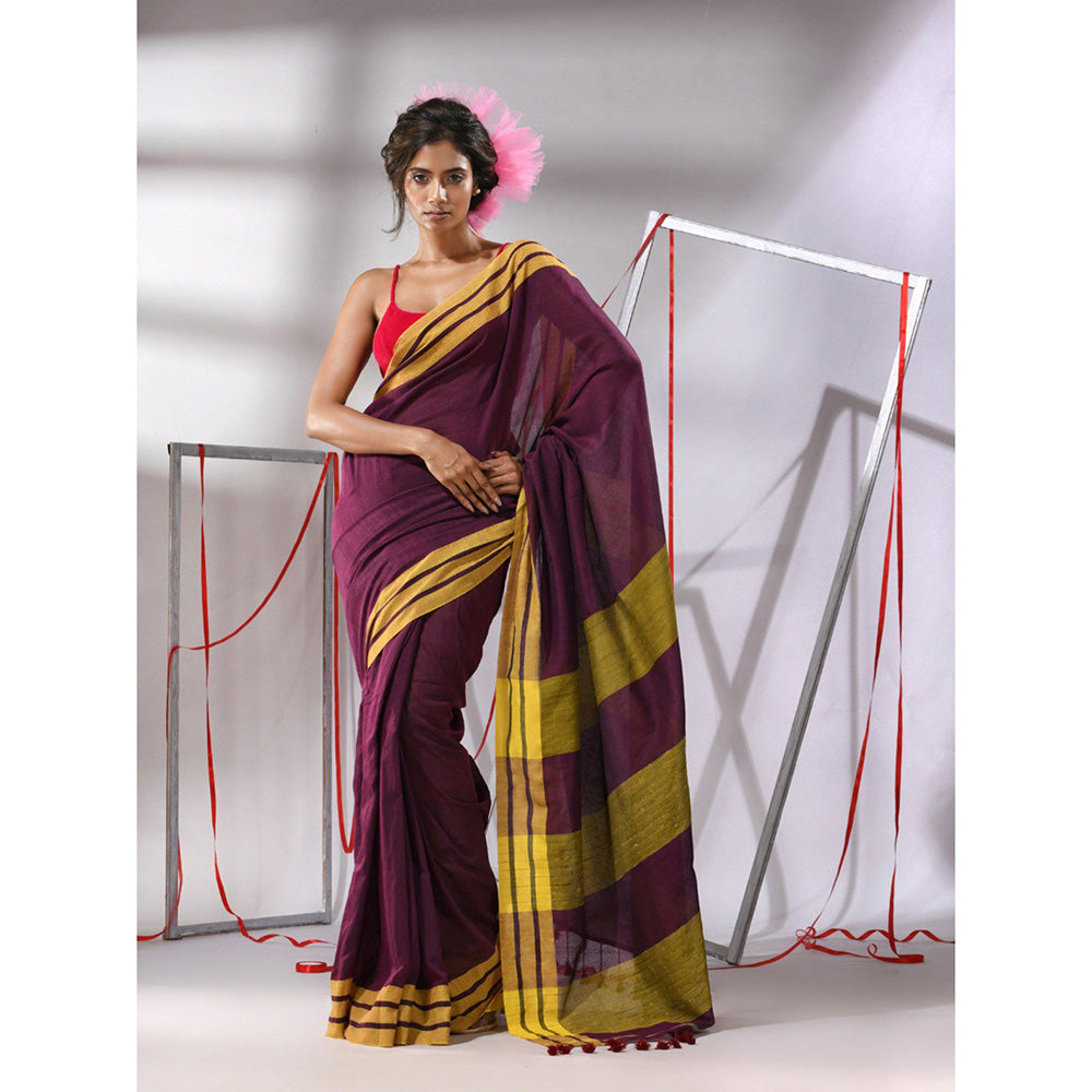 CHARUKRITI Wine Cotton Stripe Border Saree with Unstitched Blouse