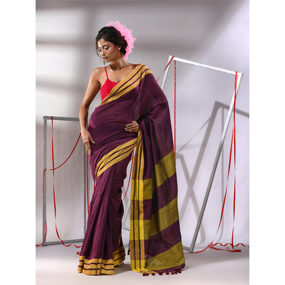 CHARUKRITI Wine Cotton Stripe Border Saree with Unstitched Blouse