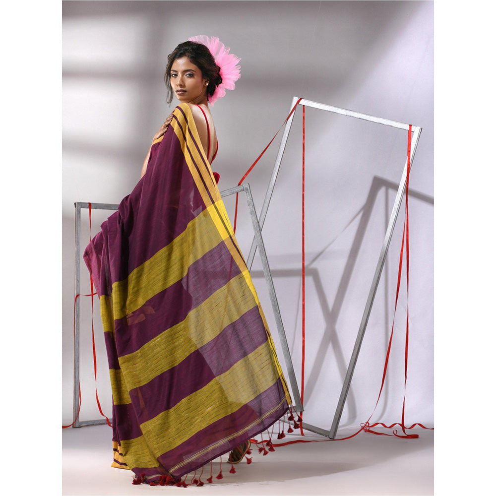 CHARUKRITI Wine Cotton Stripe Border Saree with Unstitched Blouse