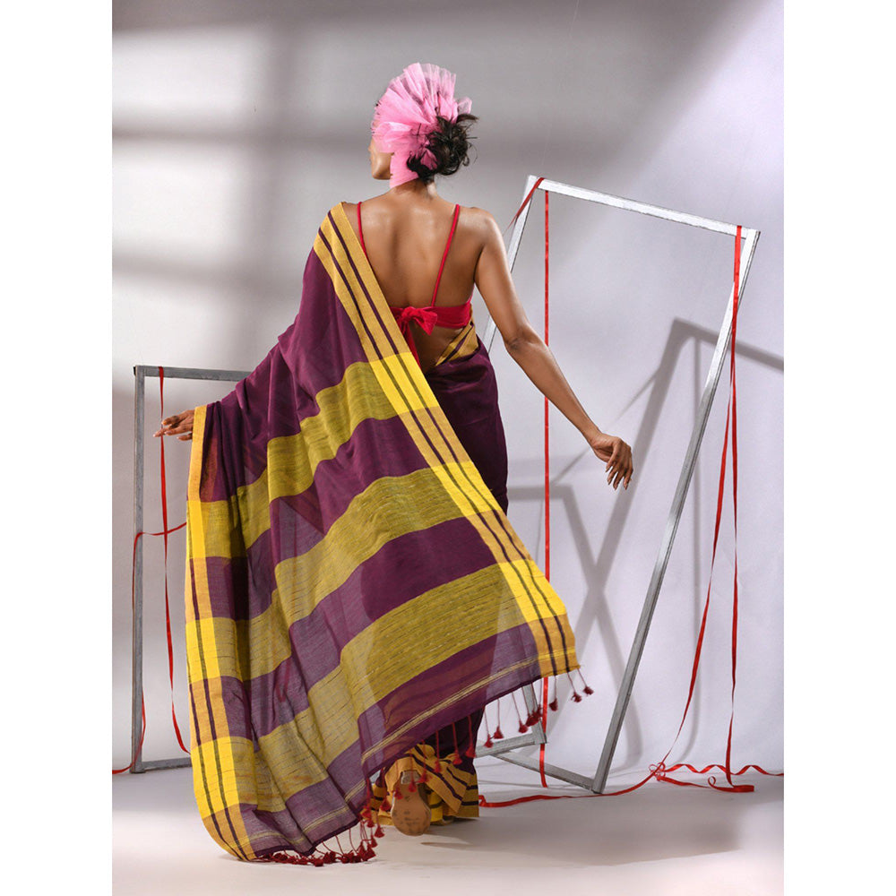 CHARUKRITI Wine Cotton Stripe Border Saree with Unstitched Blouse