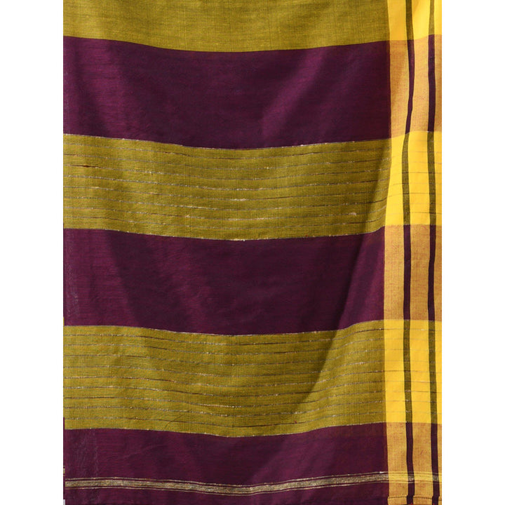 CHARUKRITI Wine Cotton Stripe Border Saree with Unstitched Blouse