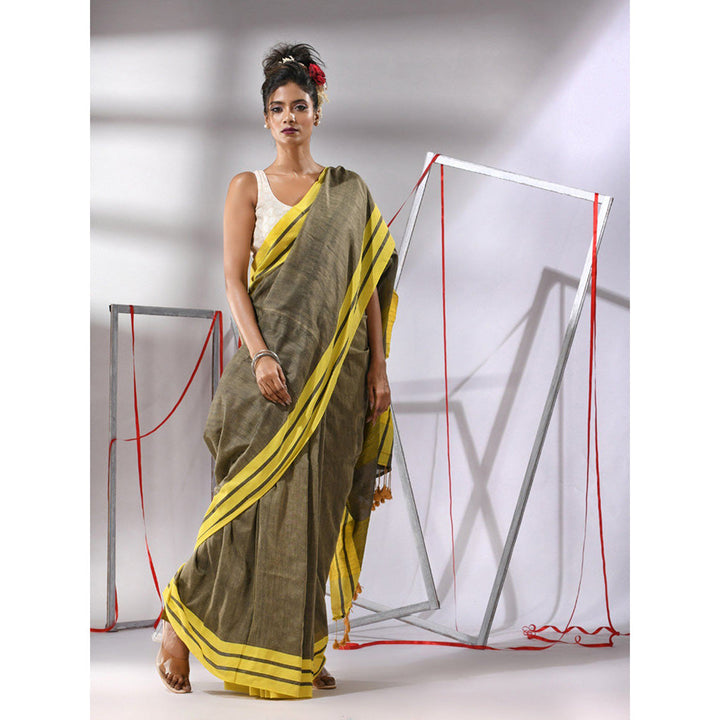 CHARUKRITI Green Cotton Stripe Border Saree with Unstitched Blouse