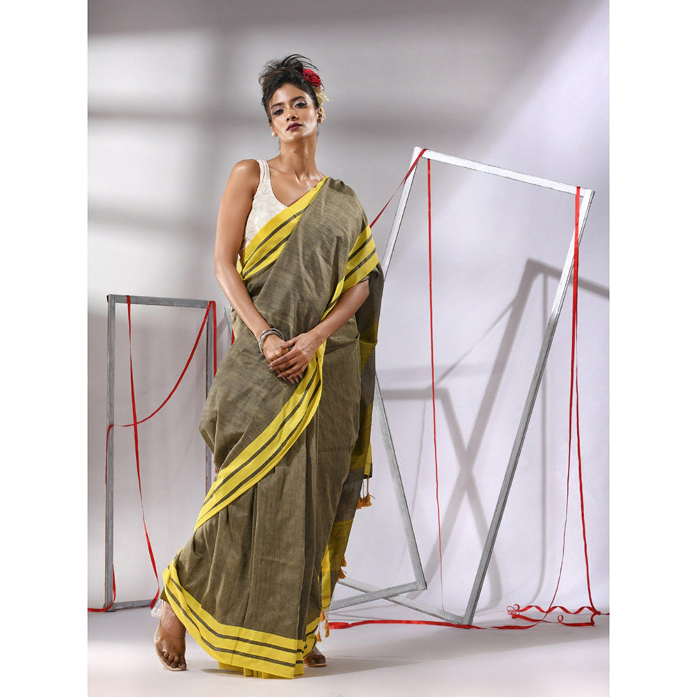 CHARUKRITI Green Cotton Stripe Border Saree with Unstitched Blouse