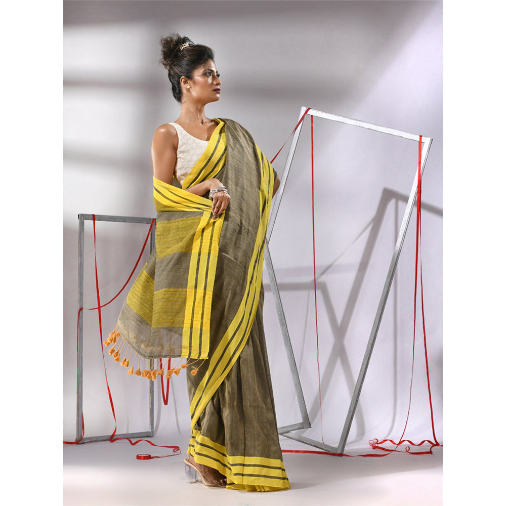 CHARUKRITI Green Cotton Stripe Border Saree with Unstitched Blouse