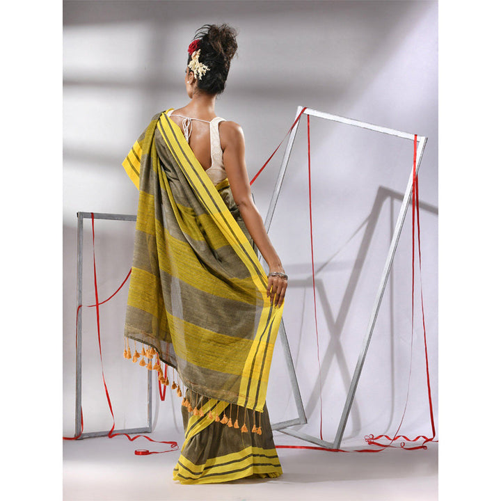 CHARUKRITI Green Cotton Stripe Border Saree with Unstitched Blouse