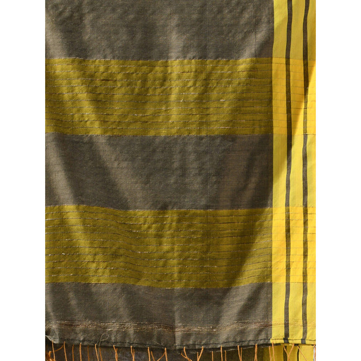 CHARUKRITI Green Cotton Stripe Border Saree with Unstitched Blouse