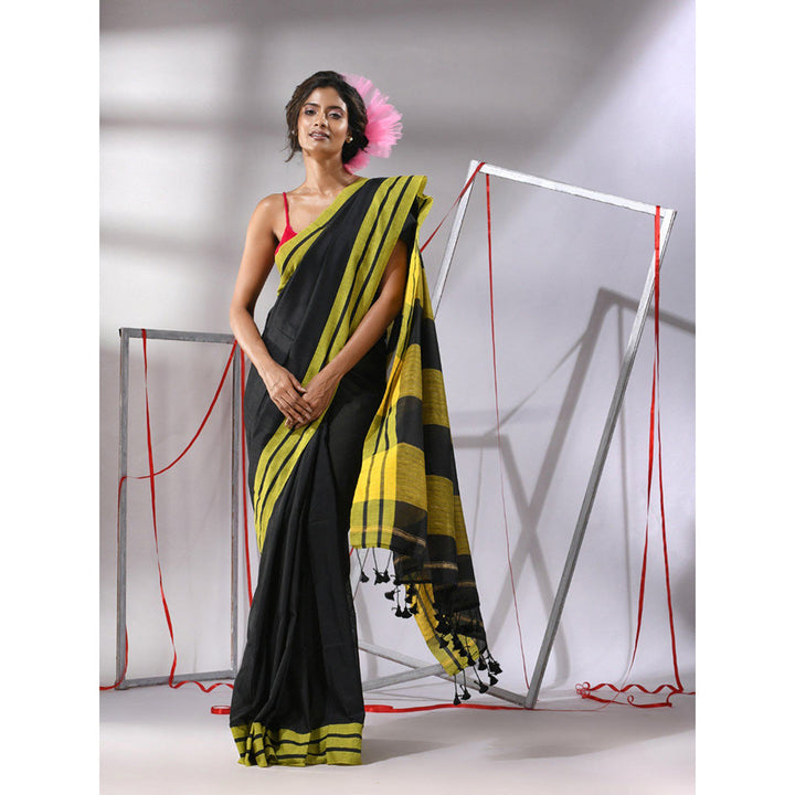 CHARUKRITI Black Cotton Stripe Border Saree with Unstitched Blouse