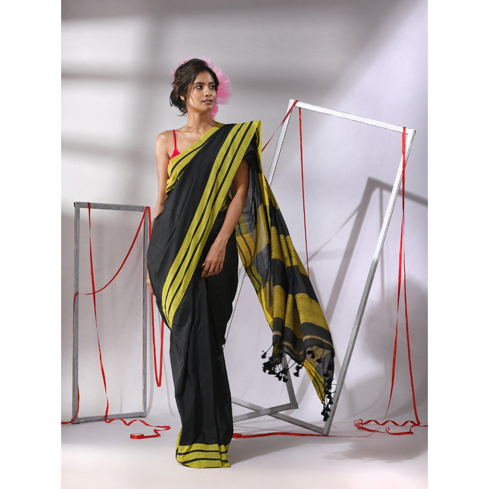 CHARUKRITI Black Cotton Stripe Border Saree with Unstitched Blouse