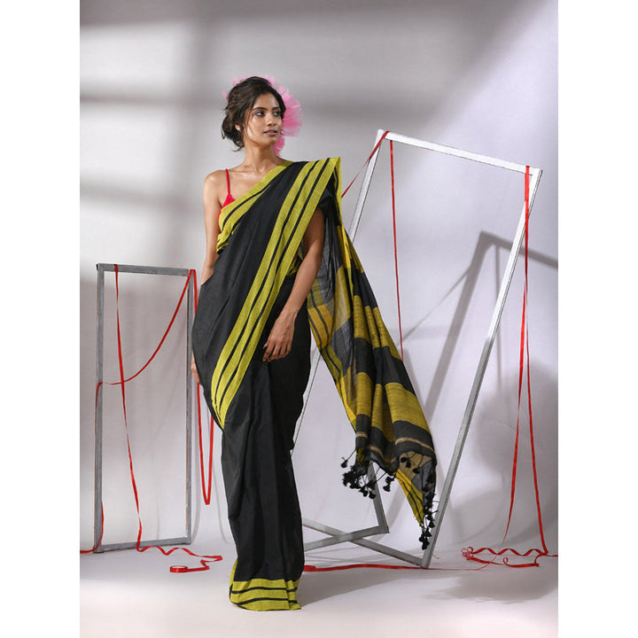 CHARUKRITI Black Cotton Stripe Border Saree with Unstitched Blouse