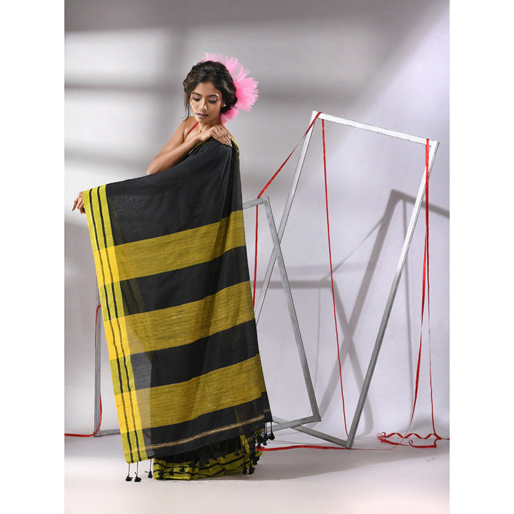 CHARUKRITI Black Cotton Stripe Border Saree with Unstitched Blouse