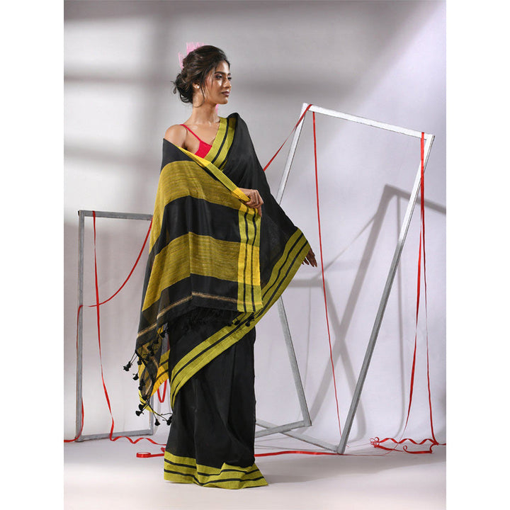 CHARUKRITI Black Cotton Stripe Border Saree with Unstitched Blouse