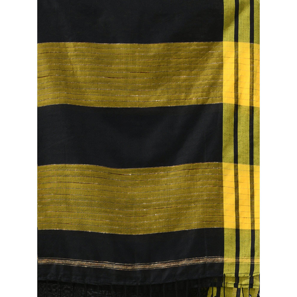 CHARUKRITI Black Cotton Stripe Border Saree with Unstitched Blouse