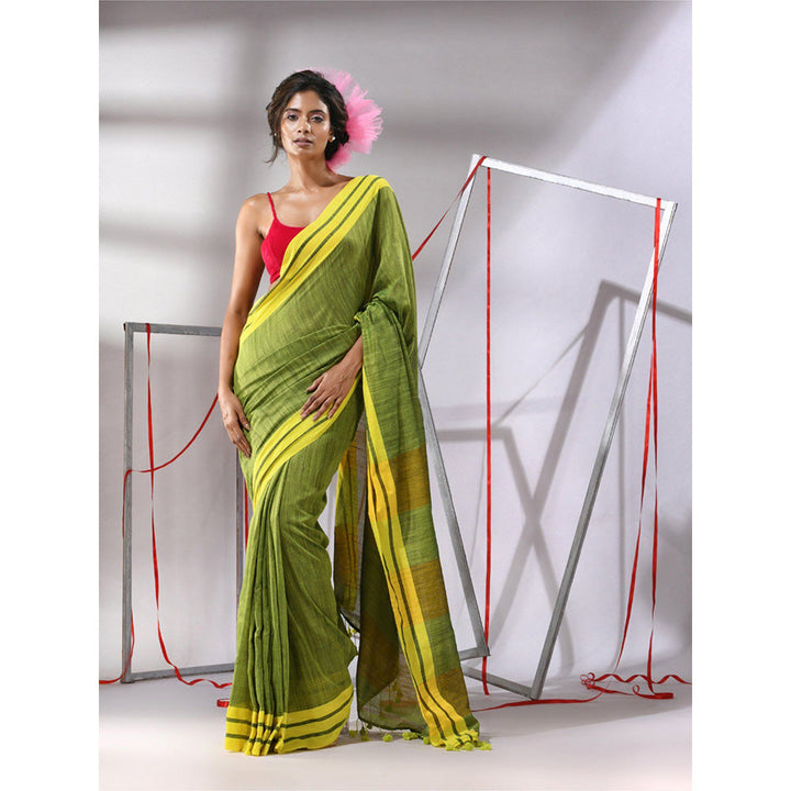 CHARUKRITI Green Cotton Stripe Border Saree with Unstitched Blouse