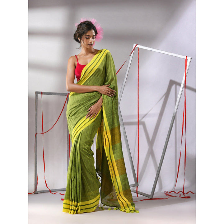 CHARUKRITI Green Cotton Stripe Border Saree with Unstitched Blouse