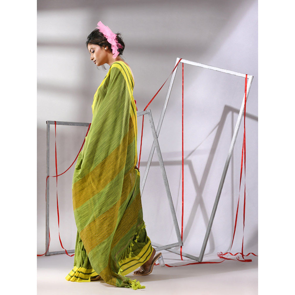 CHARUKRITI Green Cotton Stripe Border Saree with Unstitched Blouse